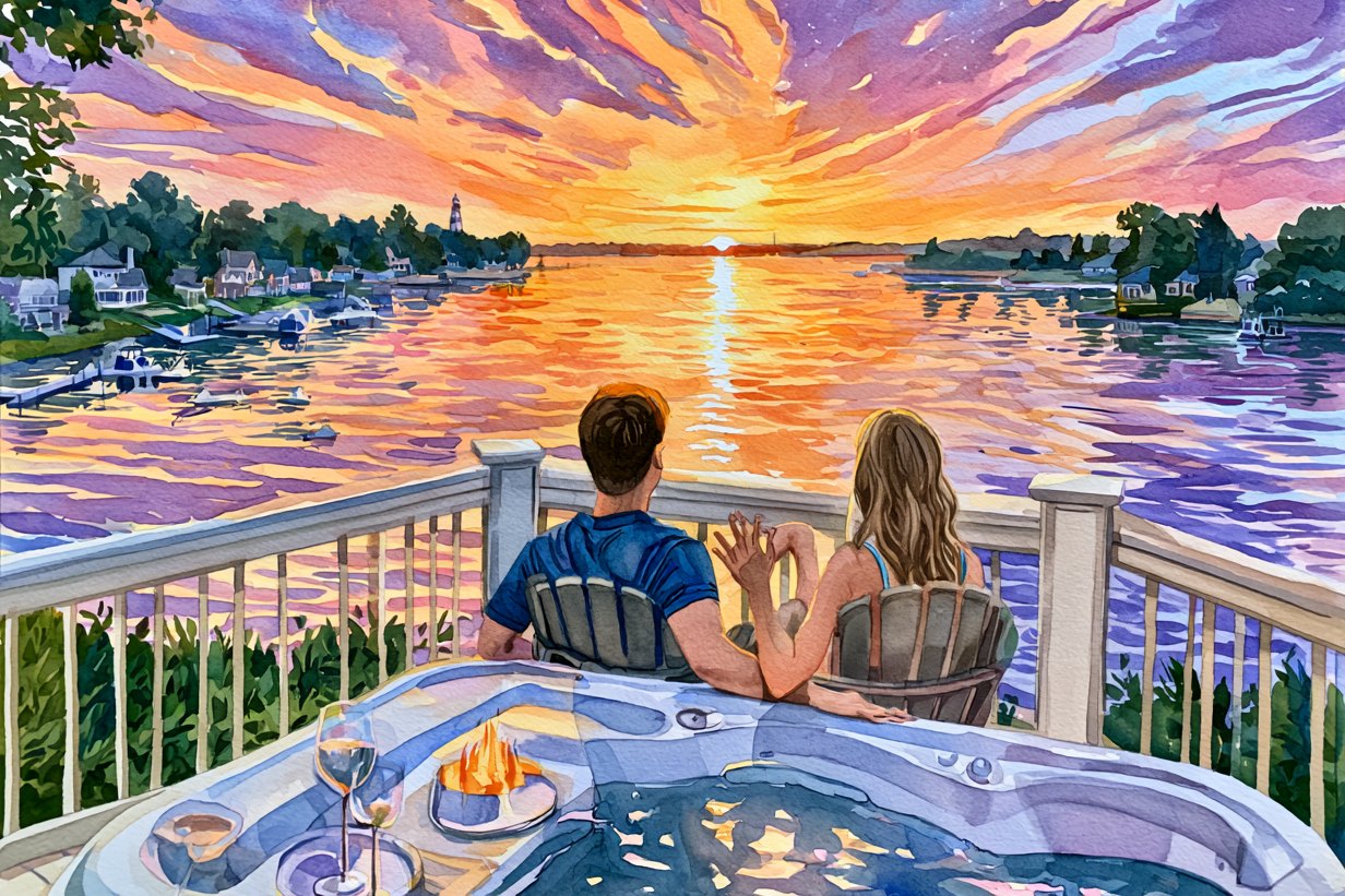 A watercolour of two people seen from behind on a railed deck at sunset, holding hands between their chairs, with a hot tub filling the foreground and a lake and orange sky beyond.