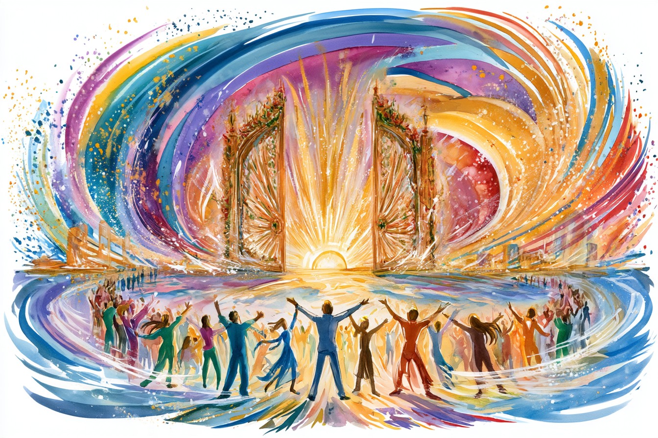 A watercolour of great gilded gates thrown open with light pouring through them, a crowd standing before them with their arms raised, and a sweep of rainbow colour arcing overhead.