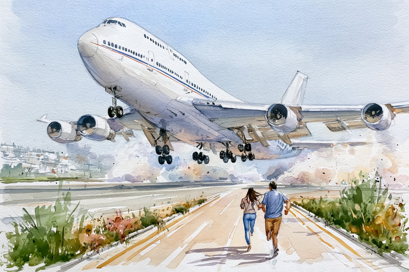 A watercolour illustration of a couple running hand in hand down a runway as a jumbo jet lifts off ahead of them, seen from behind.