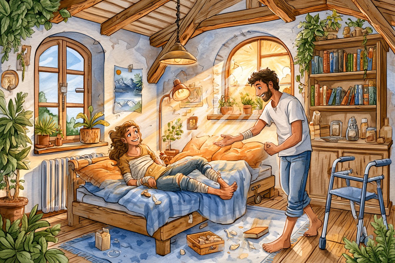 A watercolour illustration of a sunlit bedroom with wooden beams and plants. A woman with a bandaged leg rests on a bed while a man stands beside her mid-conversation, a walker parked nearby.