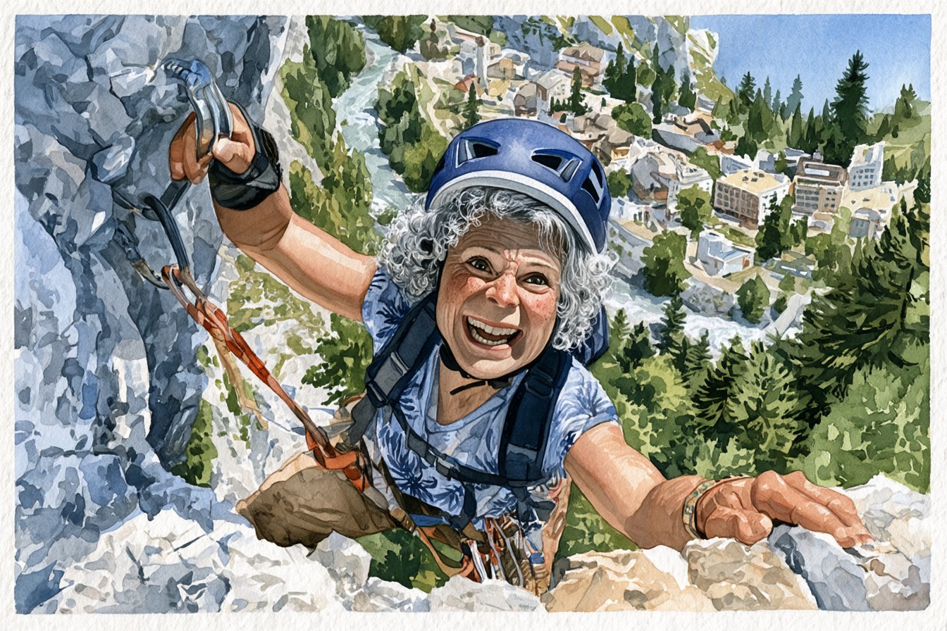 A watercolour of a grey-haired woman in a climbing helmet and harness near the top of a rock face, laughing as she reaches for the next hold, with a forested valley and a town far below.