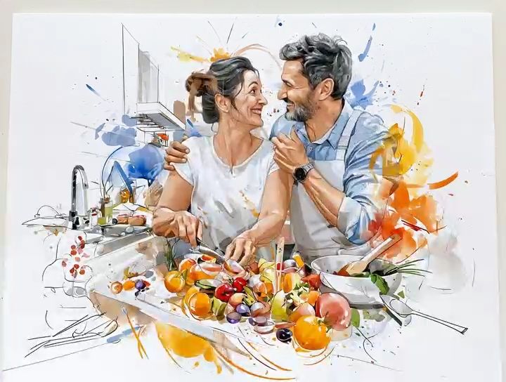 A couple cooking dinner side by side, painted in watercolour