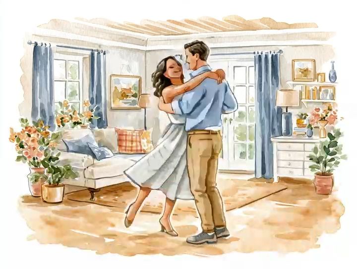 A couple dancing together in their living room, painted in watercolour