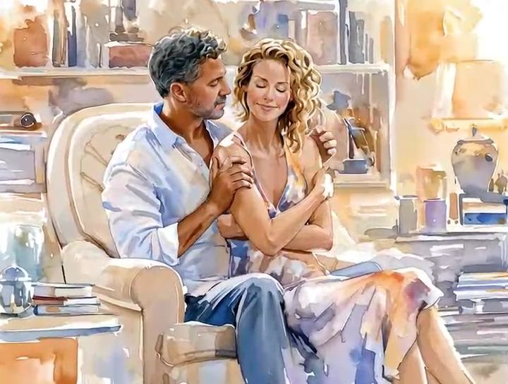 One partner rubbing the other&rsquo;s shoulders in an armchair, painted in watercolour