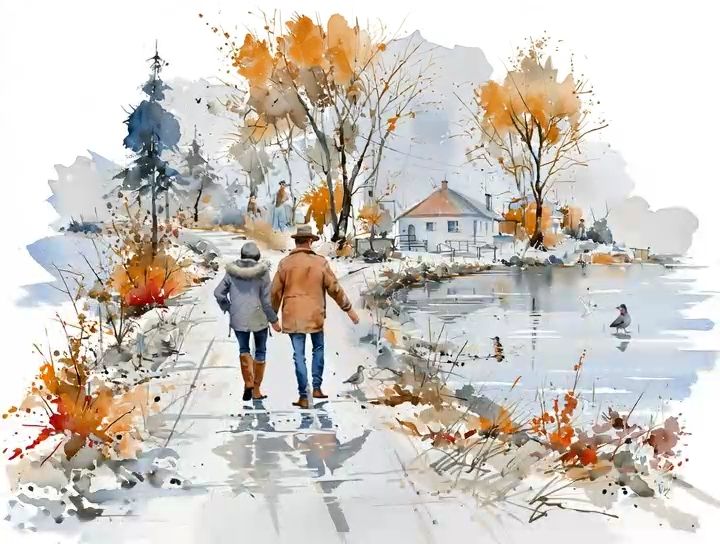 A couple walking home together at dusk, painted in watercolour
