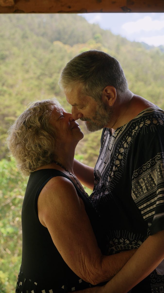 A couple embracing in the mountains