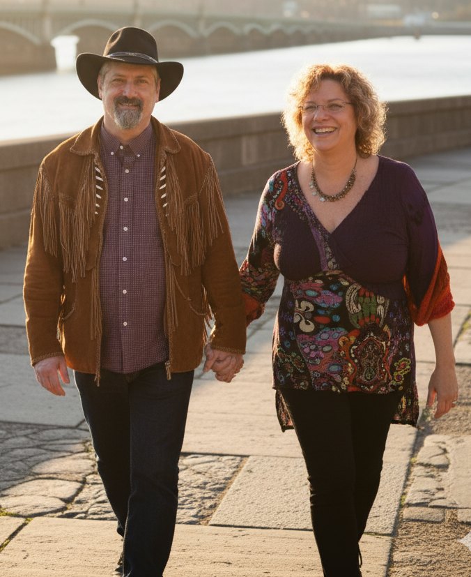 Michael and Penny walking together along a riverside path, holding hands
